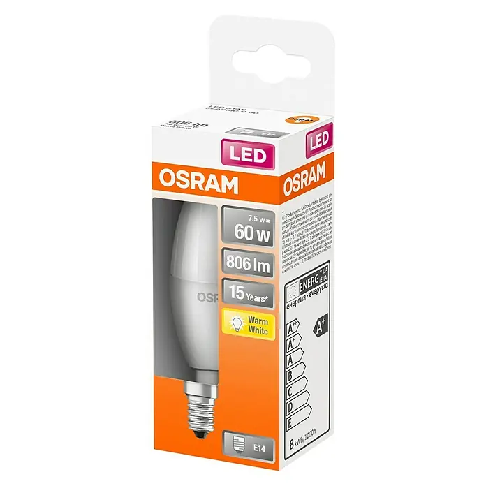 Osram Star Bombilla LED Classic B 60 - E14, 7,5 W, 806 lm, Color de luz: Blanco cálido - Vista angular
