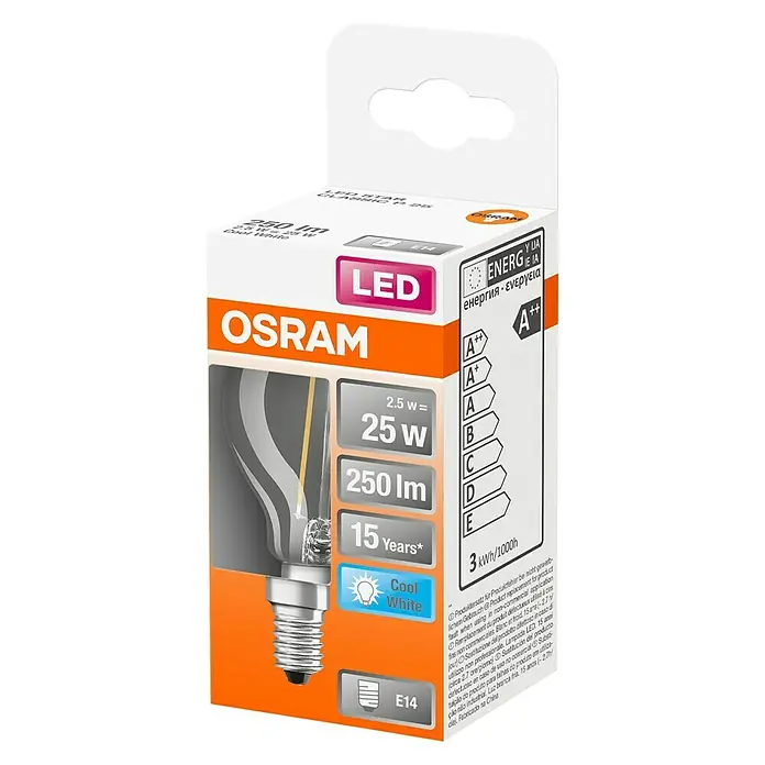 Osram Retrofit Ledlamp Classic P 25 - E14, 2,5 W, P45, 250 lm, Koud wit - Diagonaal zicht