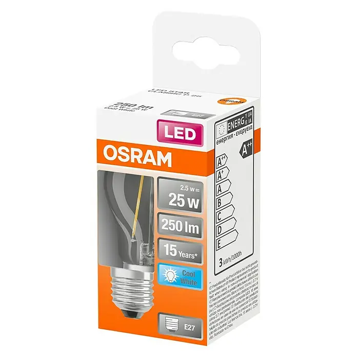 Osram Retrofit LED-Leuchtmittel CLP25 - E27, 2,5 W, P45, 250 lm, Kaltweiß - Diagonale Ansicht