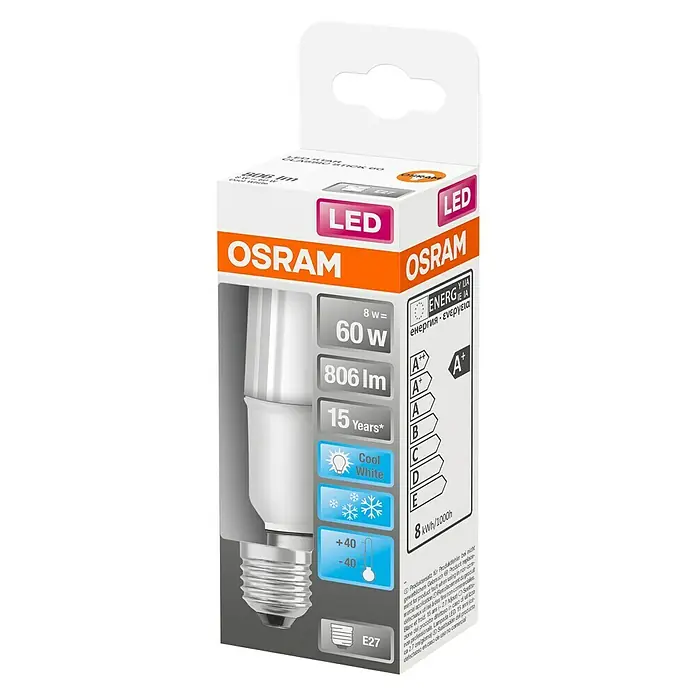 Osram Star Ledlamp Stick - E27, 8 W, 806 lm, Koud wit - Diagonaal zicht