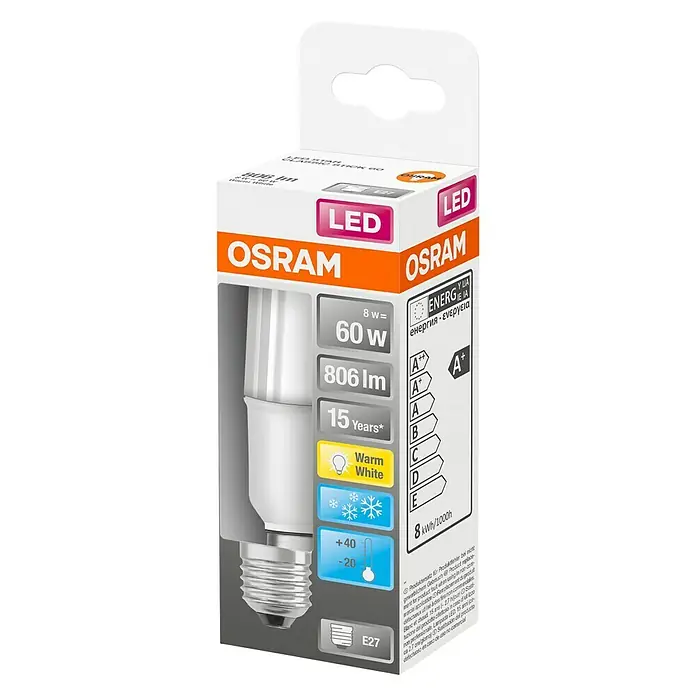Osram Star Ledlamp Stick - E27, 8 W, 806 lm, Warm wit - Diagonaal zicht
