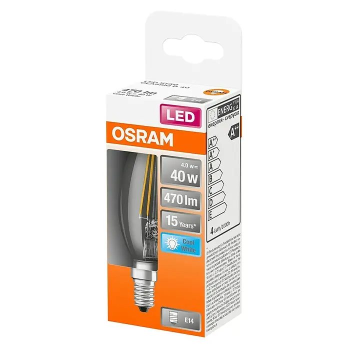 Osram Retrofit Ledlamp Classic B 40 - E14, 4 W, B35, 470 lm, 1 stk. - Diagonaal zicht