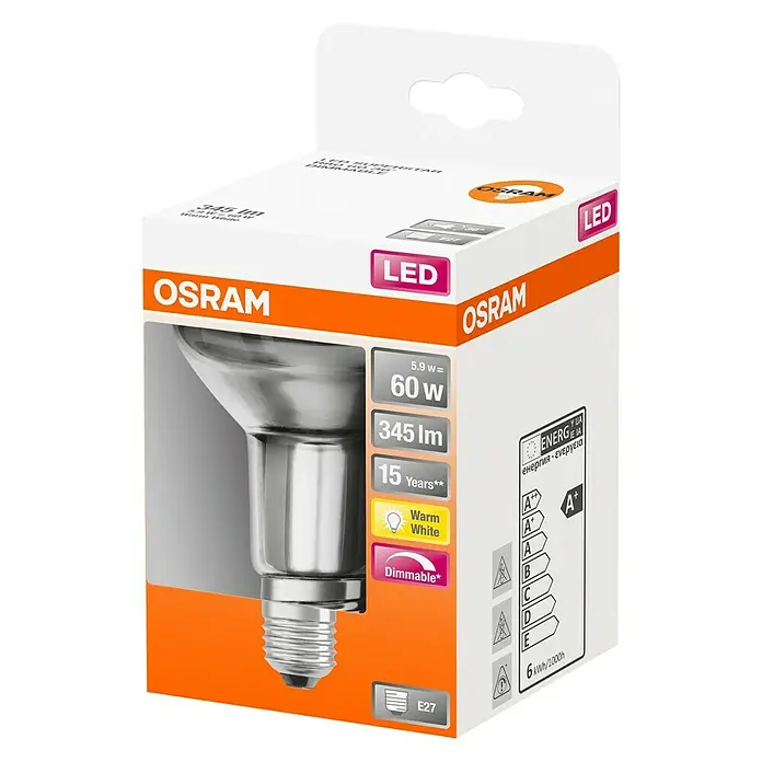 Osram Superstar Led-reflectorlamp R80 Dimmable - E27, 5,9 W, R80, 345 lm, Warm wit - Diagonaal zicht