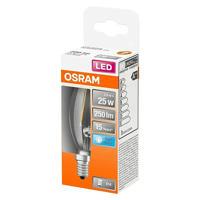 Osram Retrofit LED-Leuchtmittel Classic B - E14, 2,5 W, B35, 250 lm - Diagonale Ansicht