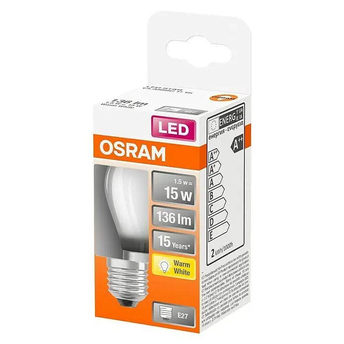 Osram Superstar LED-Leuchtmittel CLP15 - E27, 1,5 W, P45, 136 lm, Warmweiß - Diagonale Ansicht