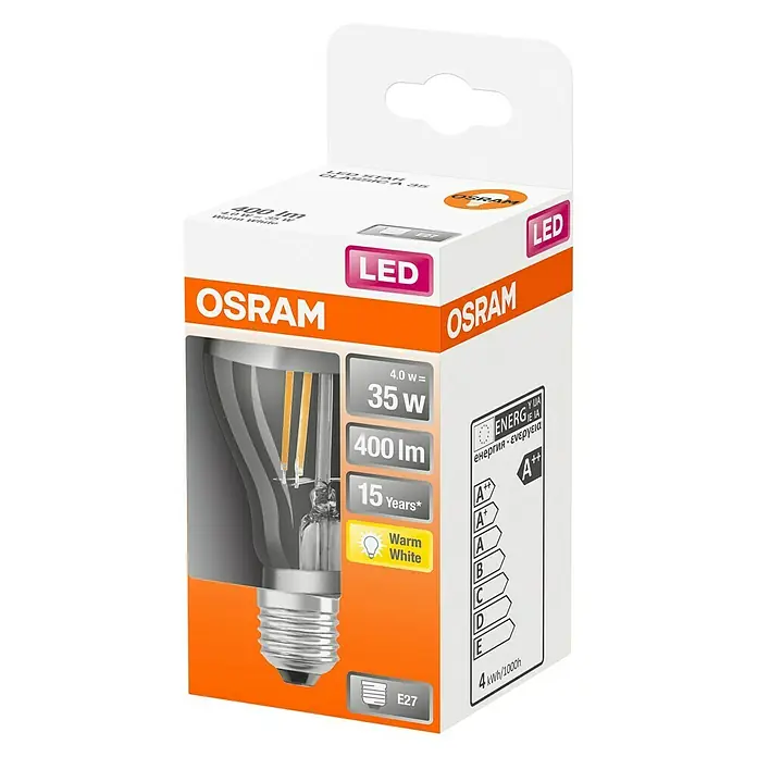 Osram Star Bombilla LED Classic A 35 - E27, 4 W, 400 lm, Color de luz: Blanco cálido - Vista angular