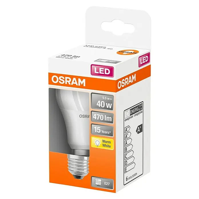 Osram Star Bombilla LED Classic A 40 - E27, 5,5 W, A60, 470 lm, Blanco cálido - Vista angular