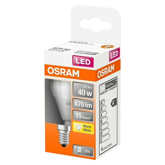Osram Star Bombilla LED Classic P 40 - E14, 5,5 W, P45, 470 lm, Blanco cálido - Vista angular