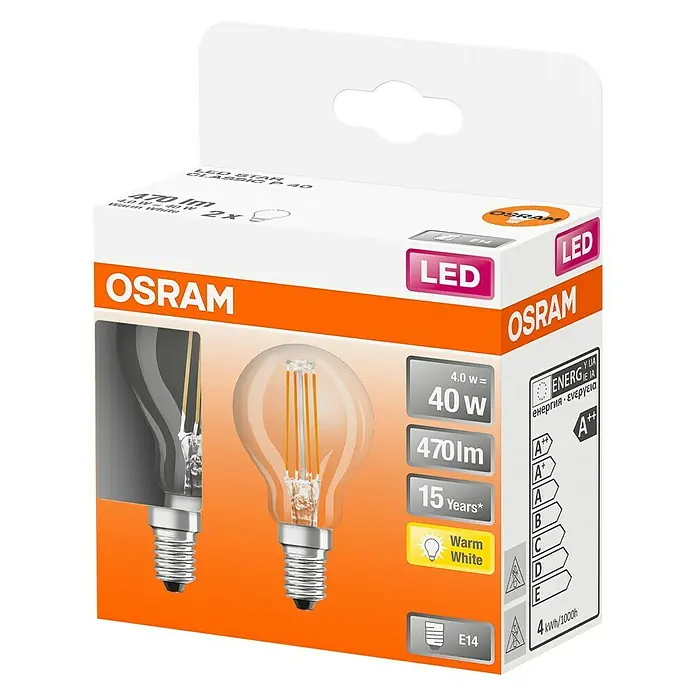 Osram Star Ledlamp Classic P 40 - E14, 4 W, P45, 470 lm, 2 stk. - Diagonaal zicht