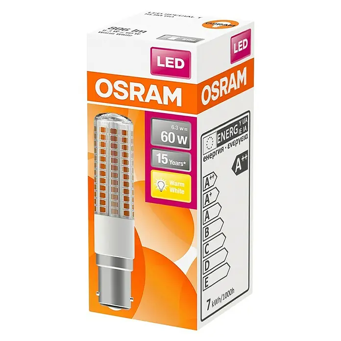 Osram Ledlamp Special TSLIM 60 CL - B15d, 7 W, T18, 806 lm, Warm wit - Diagonaal zicht