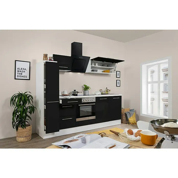 Respekta Premium Küchenzeile RP240WSCBO - Breite: 240 cm, Mit Elektrogeräten, Schwarz Hochglanz - Stimmungsaufnahme