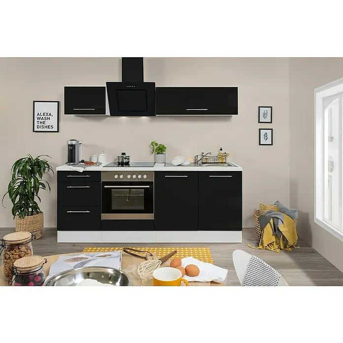 Respekta Premium Küchenzeile RP210WSCBO - Breite: 210 cm, Mit Elektrogeräten, Schwarz Hochglanz - Stimmungsaufnahme