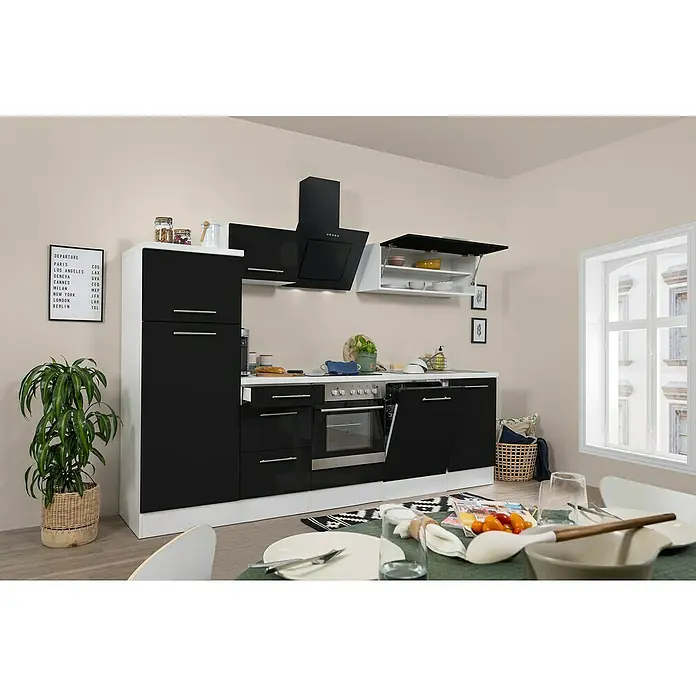 Respekta Premium Küchenzeile RP280WSCBO - Breite: 280 cm, Mit Elektrogeräten, Schwarz Hochglanz - Stimmungsaufnahme