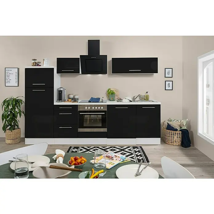 Respekta Premium Küchenzeile RP280WSCBO - Breite: 280 cm, Mit Elektrogeräten, Schwarz Hochglanz - Stimmungsaufnahme