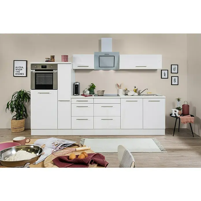 Respekta Premium Küchenzeile RP300HWWBO - Breite: 300 cm, Mit Elektrogeräten, Weiß Hochglanz - Stimmungsaufnahme