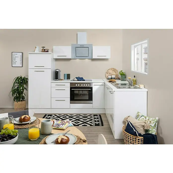 Respekta Premium Winkelküche RP260WWCBO - 60 x 260 cm, Mit Elektrogeräten, Weiß Hochglanz - Stimmungsaufnahme