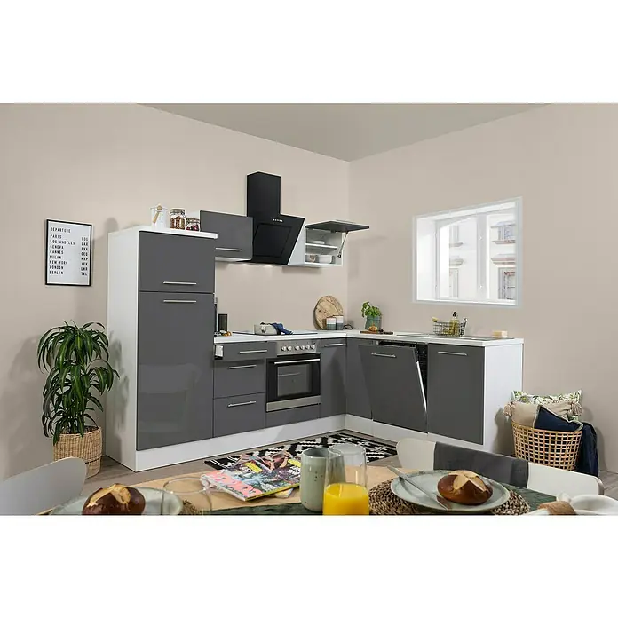 Respekta Premium Winkelküche RP260WGCBO - 60 x 260 cm, Mit Elektrogeräten, Grau Hochglanz - Stimmungsaufnahme