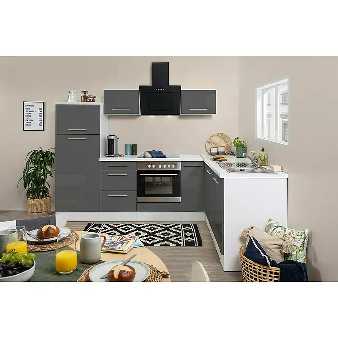 Respekta Premium Winkelküche RP260WGCBO - 60 x 260 cm, Mit Elektrogeräten, Grau Hochglanz - Stimmungsaufnahme