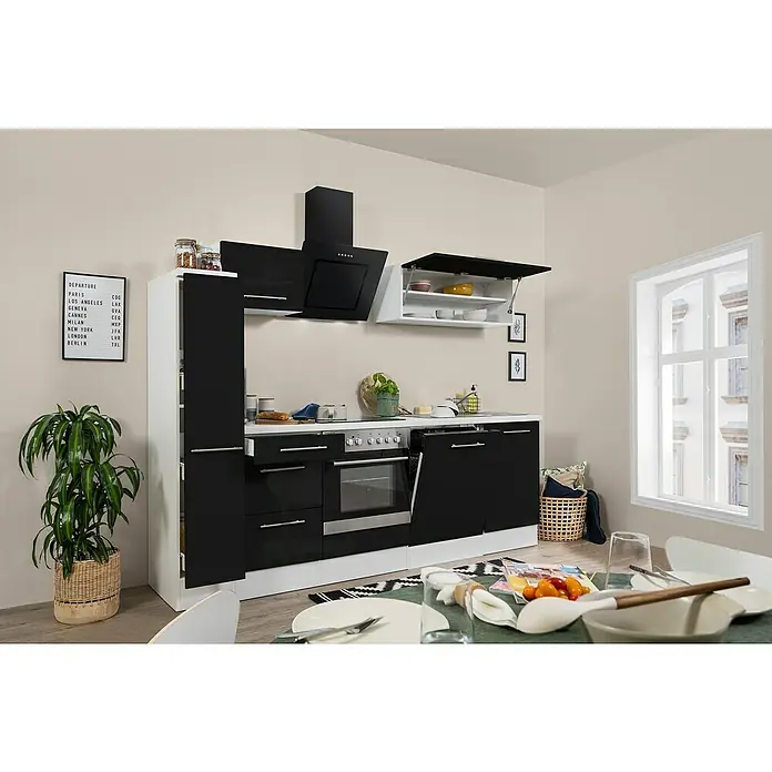 Respekta Premium Küchenzeile RP250WSCBO - Breite: 250 cm, Mit Elektrogeräten, Schwarz Hochglanz - Stimmungsaufnahme