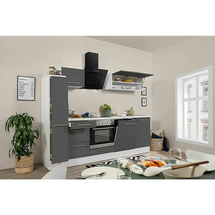 Respekta Premium Küchenzeile RP250WGCBO - Breite: 250 cm, Mit Elektrogeräten, Grau Hochglanz - Stimmungsaufnahme