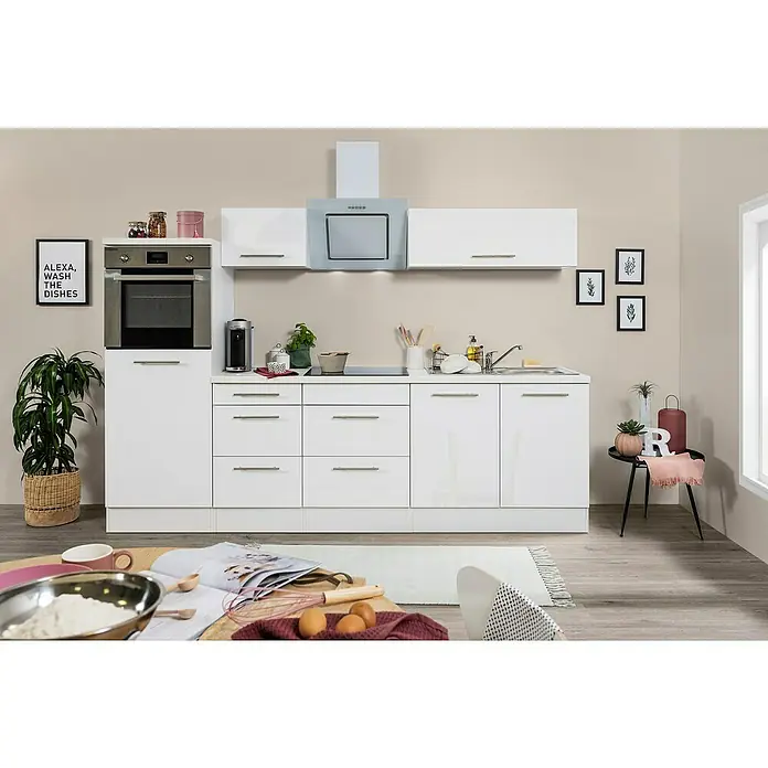 Respekta Premium Küchenzeile RP270HWWBO - Breite: 270 cm, Mit Elektrogeräten, Weiß Hochglanz - Stimmungsaufnahme
