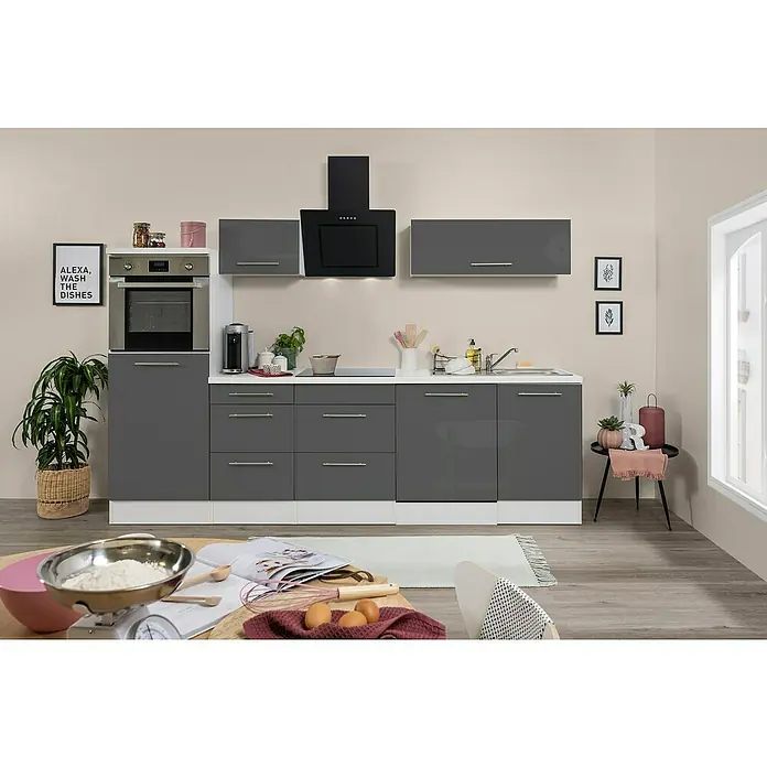 Respekta Premium Küchenzeile RP280HWGBO - Breite: 280 cm, Mit Elektrogeräten, Grau Hochglanz - Stimmungsaufnahme