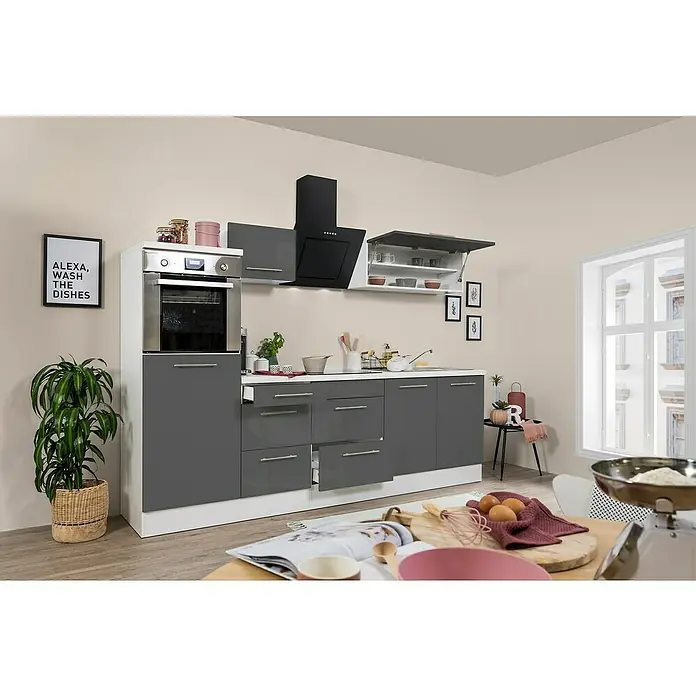 Respekta Premium Küchenzeile RP270HWGBO - Breite: 270 cm, Mit Elektrogeräten, Grau Hochglanz - Stimmungsaufnahme
