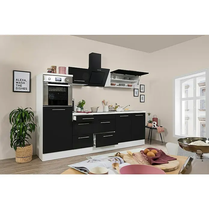 Respekta Premium Küchenzeile RP270HWSBO - Breite: 270 cm, Mit Elektrogeräten, Schwarz Hochglanz - Stimmungsaufnahme