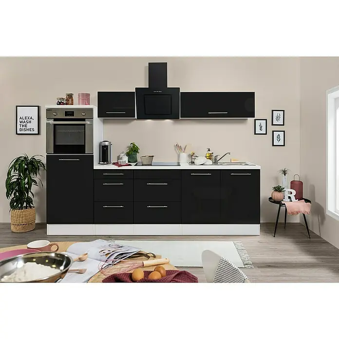 Respekta Premium Küchenzeile RP270HWSBO - Breite: 270 cm, Mit Elektrogeräten, Schwarz Hochglanz - Stimmungsaufnahme