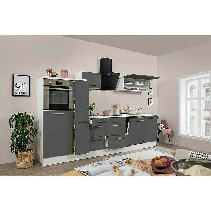 Respekta Premium Küchenzeile RP310HWGBO - Breite: 310 cm, Mit Elektrogeräten, Grau Hochglanz - Stimmungsaufnahme