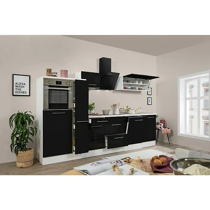 Respekta Premium Küchenzeile RP310HWSBO - Breite: 310 cm, Mit Elektrogeräten, Schwarz Hochglanz - Stimmungsaufnahme