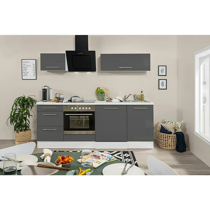Respekta Premium Küchenzeile RP220WGCBO - Breite: 220 cm, Mit Elektrogeräten, Grau Hochglanz - Stimmungsaufnahme