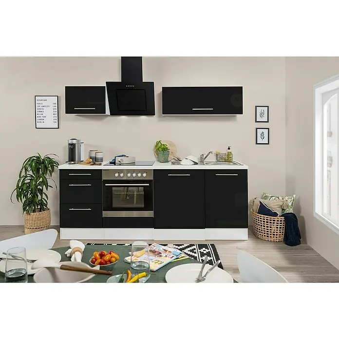 Respekta Premium Küchenzeile RP220WSCBO - Breite: 220 cm, Mit Elektrogeräten, Schwarz Hochglanz - Stimmungsaufnahme