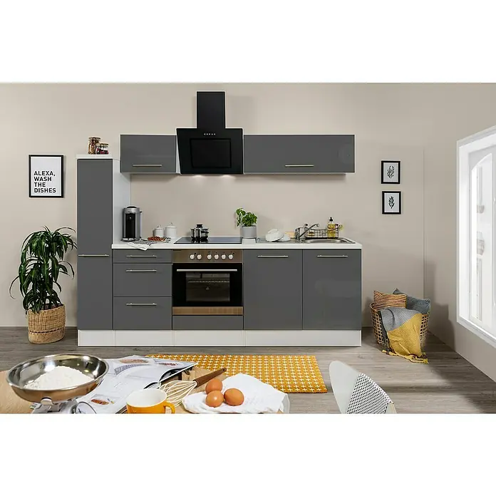 Respekta Premium Küchenzeile RP240WGCBO - Breite: 240 cm, Mit Elektrogeräten, Grau Hochglanz - Stimmungsaufnahme
