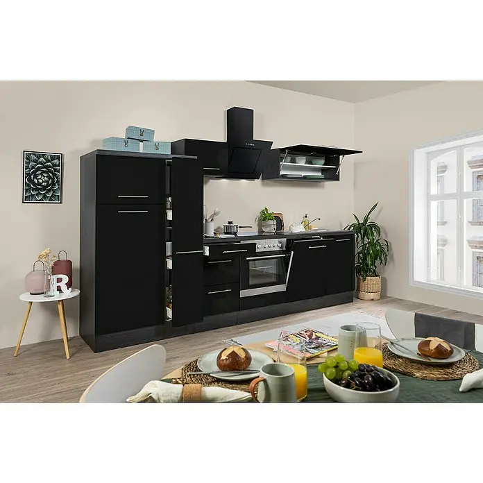 Respekta Premium Küchenzeile RP310ESCBO - Breite: 310 cm, Mit Elektrogeräten, Schwarz Hochglanz - Stimmungsaufnahme