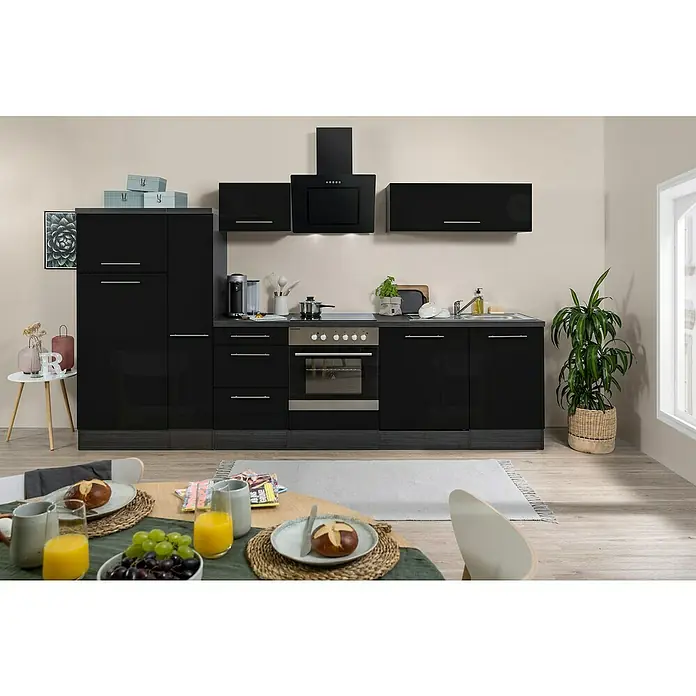 Respekta Premium Küchenzeile RP310ESCBO - Breite: 310 cm, Mit Elektrogeräten, Schwarz Hochglanz - Stimmungsaufnahme