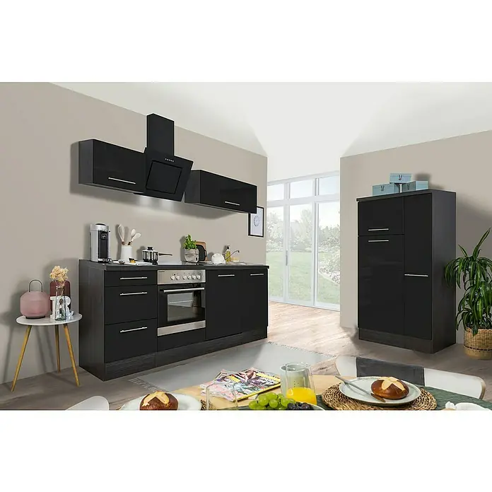 Respekta Premium Küchenzeile RP310ESCBO - Breite: 310 cm, Mit Elektrogeräten, Schwarz Hochglanz - Stimmungsaufnahme