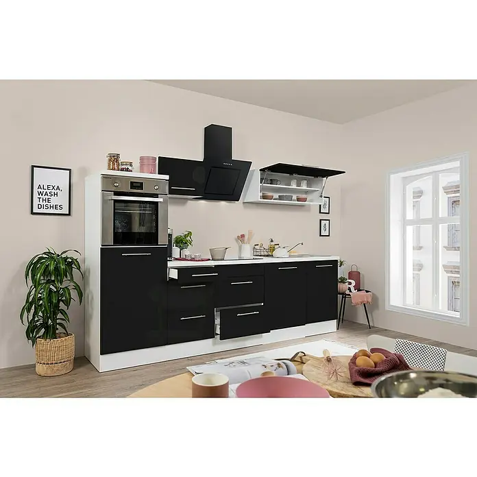 Respekta Premium Küchenzeile RP280HWSBO - Breite: 280 cm, Mit Elektrogeräten, Schwarz Hochglanz - Stimmungsaufnahme