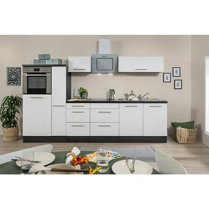 Respekta Premium Küchenzeile RP300HEWBO - Breite: 300 cm, Mit Elektrogeräten, Weiß Hochglanz - Stimmungsaufnahme
