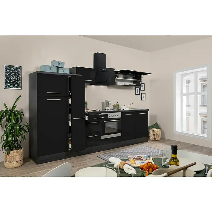 Respekta Premium Küchenzeile RP300ESCBO - Breite: 300 cm, Mit Elektrogeräten, Schwarz Hochglanz - Stimmungsaufnahme
