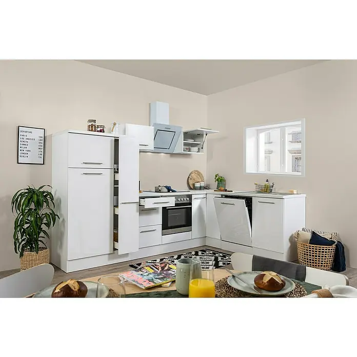 Respekta Premium Winkelküche RP290WWCBO - 200 x 290 cm, Mit Elektrogeräten, Weiß Hochglanz - Stimmungsaufnahme
