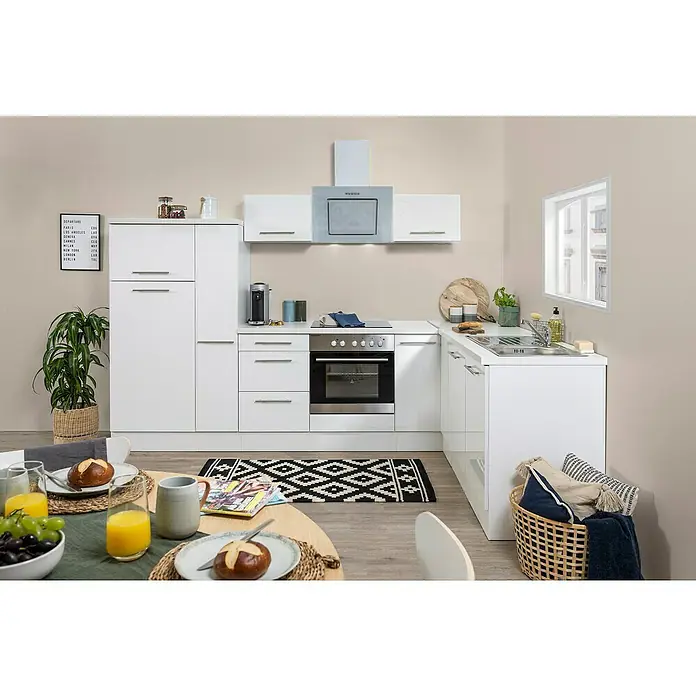 Respekta Premium Winkelküche RP290WWCBO - 200 x 290 cm, Mit Elektrogeräten, Weiß Hochglanz - Stimmungsaufnahme