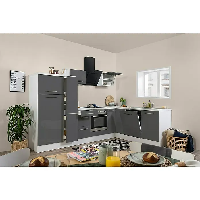 Respekta Premium Winkelküche RP290WGCBO - 200 x 290 cm, Mit Elektrogeräten, Grau Hochglanz - Stimmungsaufnahme
