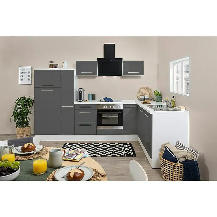 Respekta Premium Winkelküche RP290WGCBO - 200 x 290 cm, Mit Elektrogeräten, Grau Hochglanz - Stimmungsaufnahme