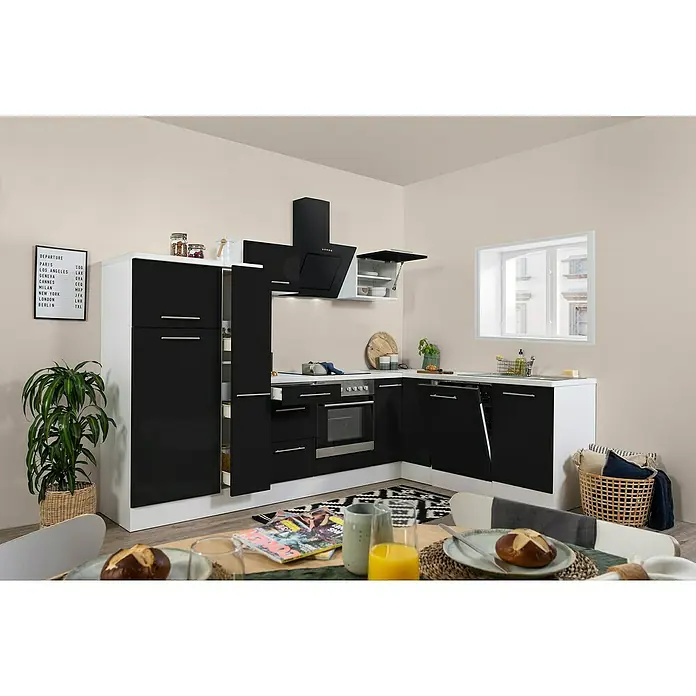 Respekta Premium Winkelküche RP290WSCBO - 200 x 290 cm, Mit Elektrogeräten, Schwarz Hochglanz - Stimmungsaufnahme