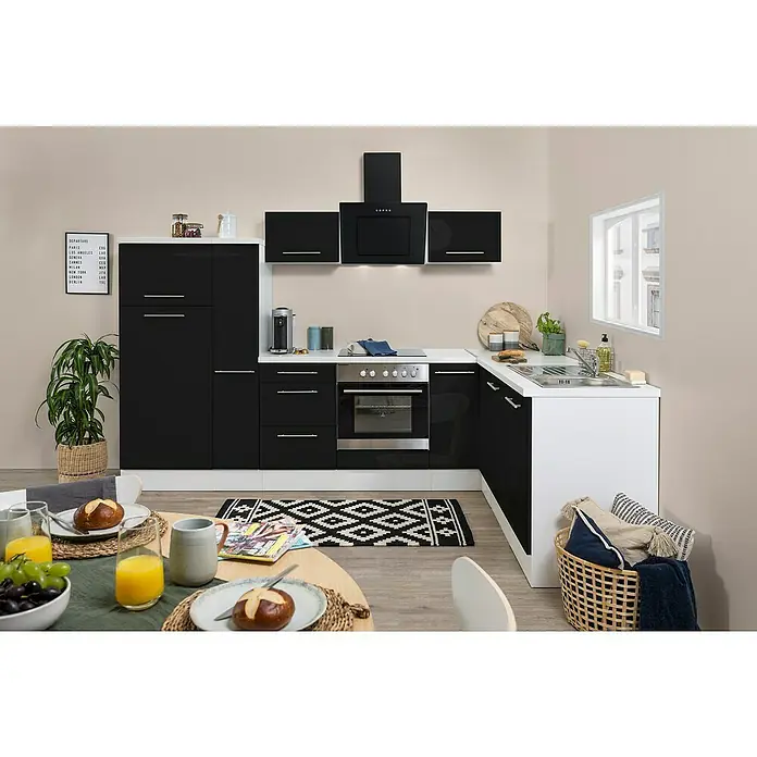 Respekta Premium Winkelküche RP290WSCBO - 200 x 290 cm, Mit Elektrogeräten, Schwarz Hochglanz - Stimmungsaufnahme