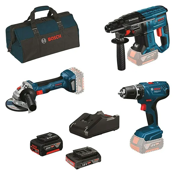 Bosch Maschinen-Set 3 Tool Kit - 18 V, 2 Ah - 4 Ah, 7 -tlg. - Diagonale Ansicht