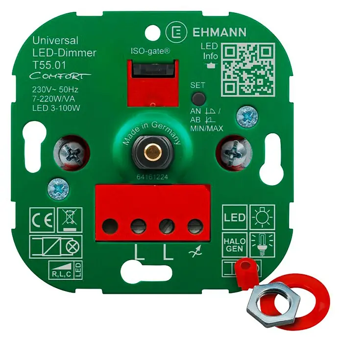 Ehmann Dimmer-Einsatz T55.01 - Elektronisch/Konventionell, 7 - 220 W/VA, Unterputz - Vorderansicht