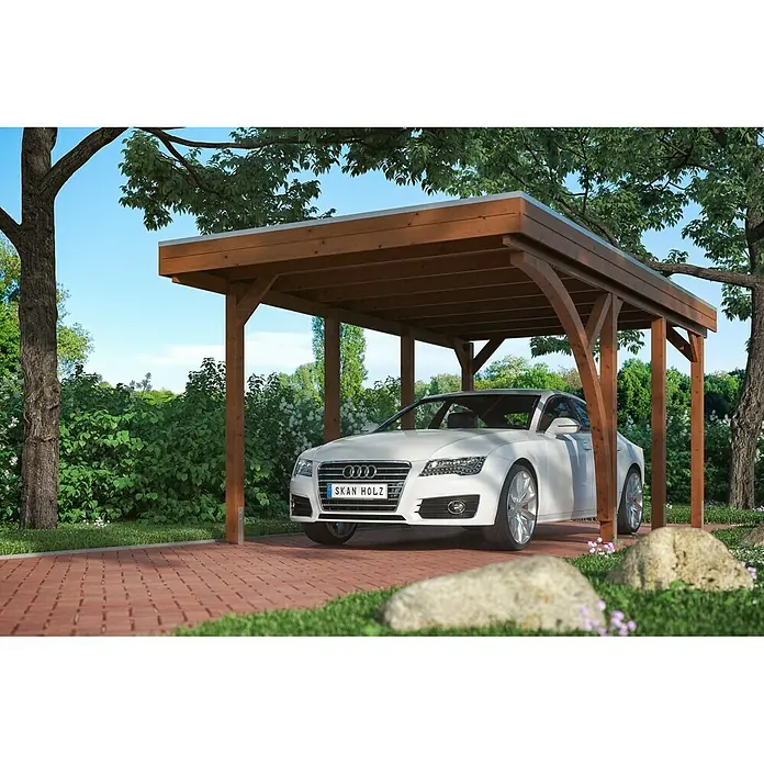Skan Holz Carport Friesland - B x T: 314 x 555 cm, Einfahrtshöhe: 221 cm, Nussbaum, Aluminium-Dachplatten - Stimmungsaufnahme