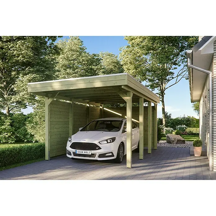 Skan Holz Carport Friesland - B x T: 314 x 555 cm, Einfahrtshöhe: 221 cm, Grün, Aluminium-Dachplatten - Stimmungsaufnahme